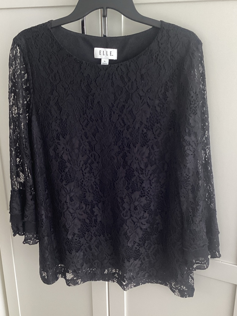 ELLE Black Floral Lace Blouse with Sheer Sleeves